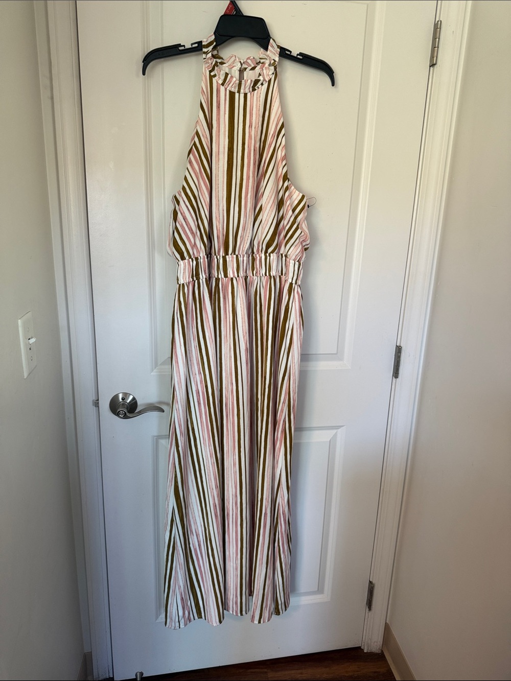 Nine West Pink and Olive Striped Halter Maxi Dress